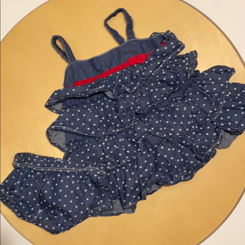 Petit Lem red white and blue polkadot outfit